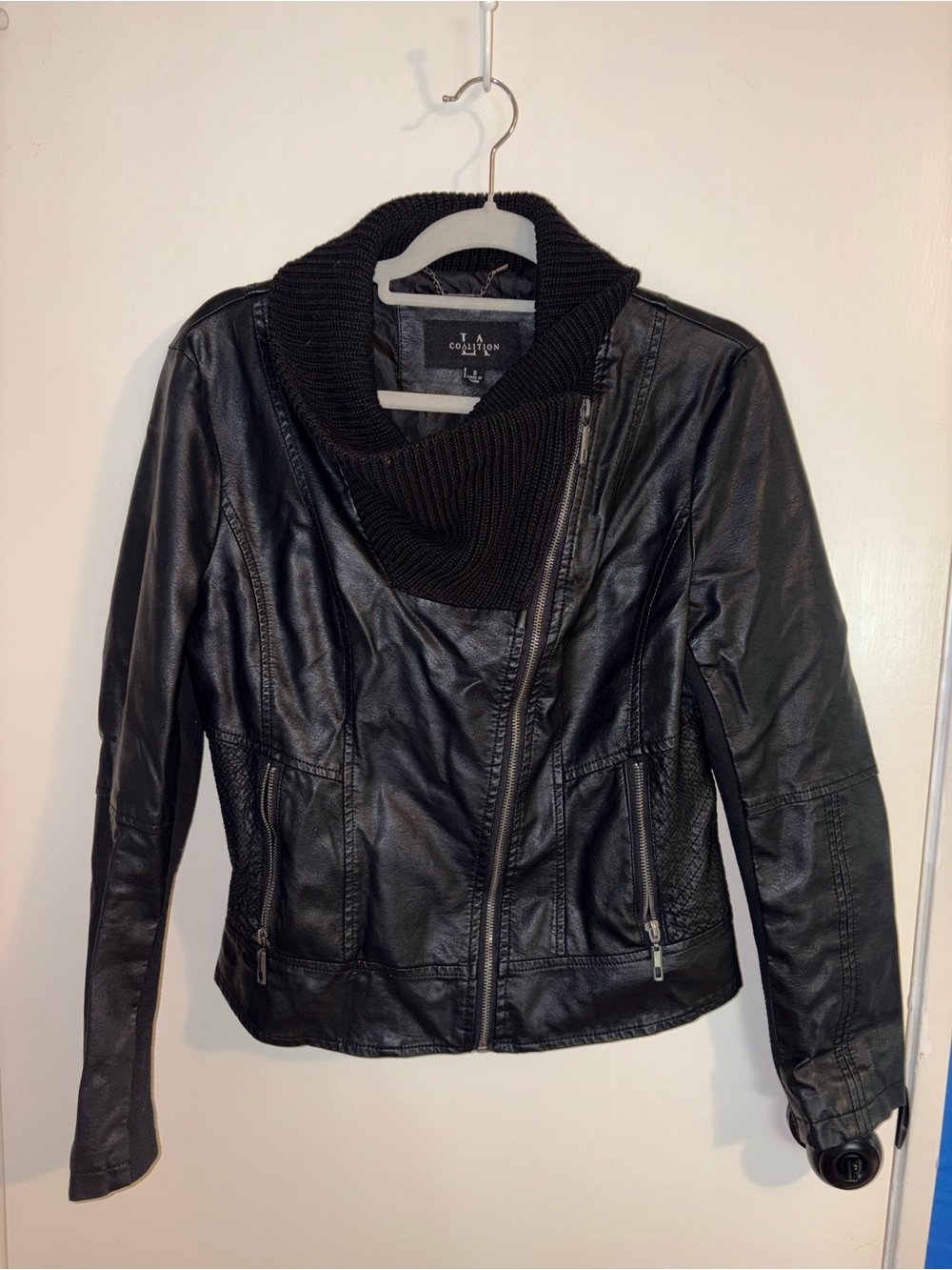 The Collection Black Faux Leather Asymmetric Zip Jacket with Knit Shawl Collar